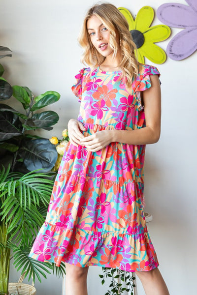 “FLOWER POWER” Full Size Floral Cap Sleeve Tiered Dress