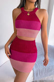 “UNAPOLOGETIC” Color Block Sleeveless Crop Knit Top and Skirt Set